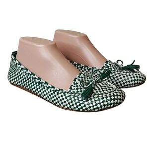 Tory Burch Green White Woven Leather Checkered Tassel Ballet Flats Shoes 7M